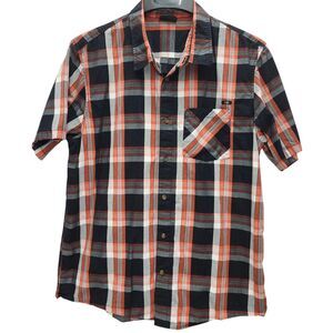 Oakley Button Up Shirt Mens Large Black Orange Plaid Short Sleeves Casual Travel